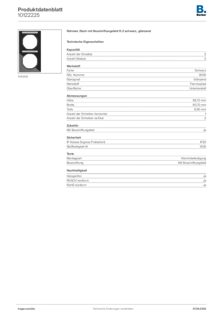 Bild Berker Produktdatenblatt 10122225 | Hager Deutschland