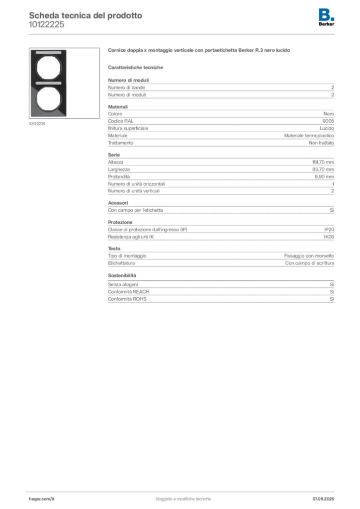 Immagine Berker Scheda tecnica del prodotto 10122225 | Hager Italia