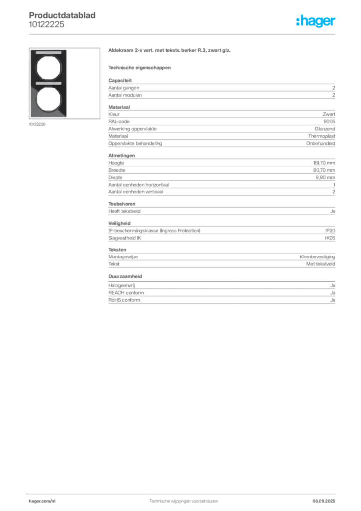 Afbeelding Hager Productdatablad 10122225 | Hager Nederland