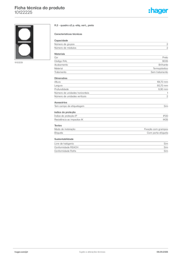 Imagem Hager Ficha técnica do produto 10122225 | Hager Portugal