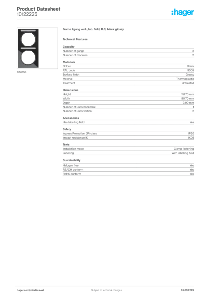 Image Hager Product data sheet 10122225  | Hager
