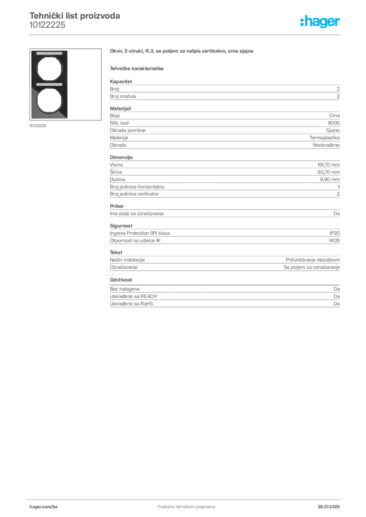 Slika Hager Product data sheet 10122225  | Hager