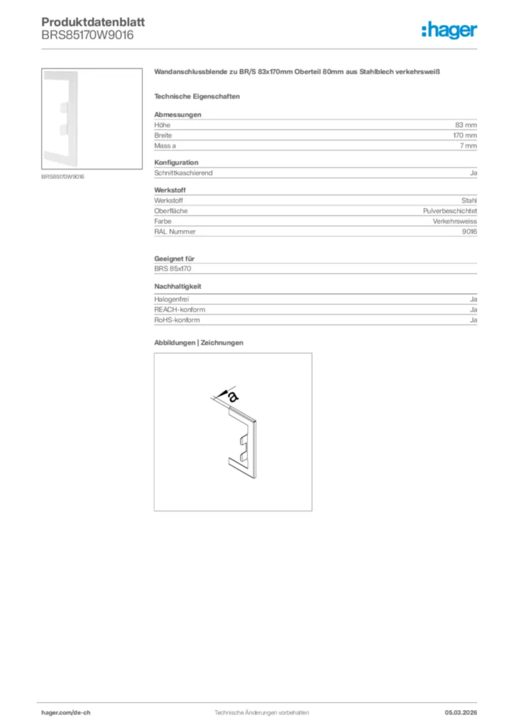 Bild Hager Produktdatenblatt BRS85170W9016 | Hager Schweiz