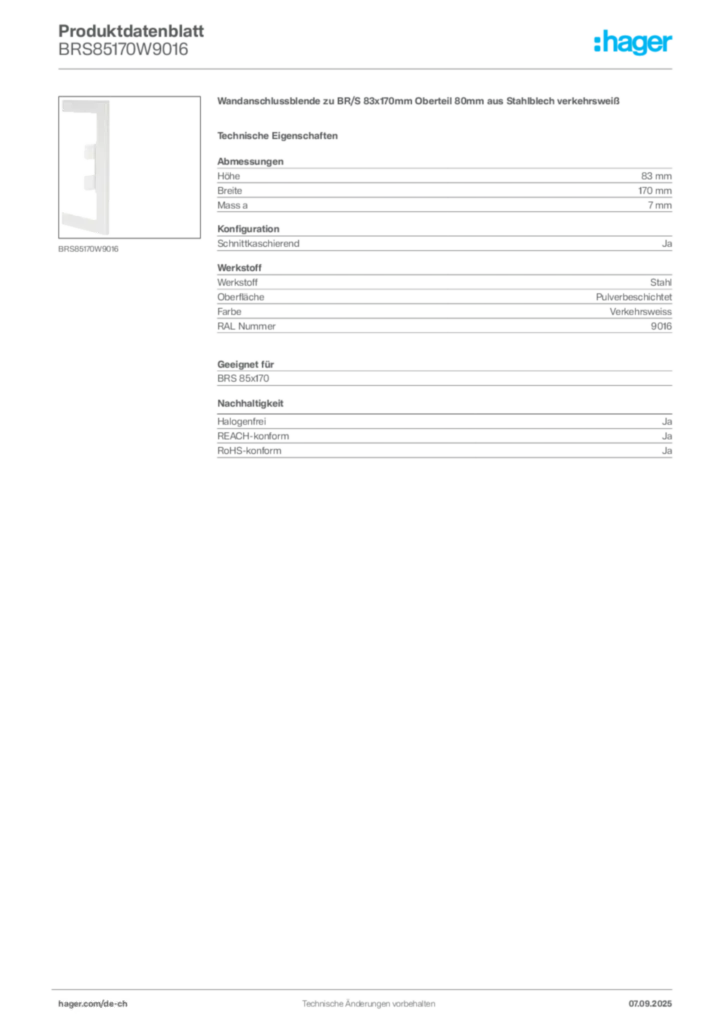 Bild Hager Produktdatenblatt BRS85170W9016 | Hager Schweiz