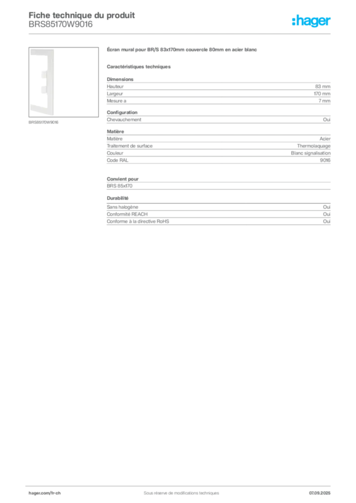 Image Hager Fiche technique du produit BRS85170W9016 | Hager Suisse