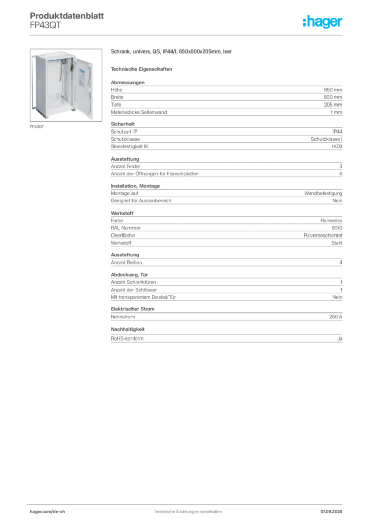 Bild Hager Produktdatenblatt FP43QT | Hager Schweiz