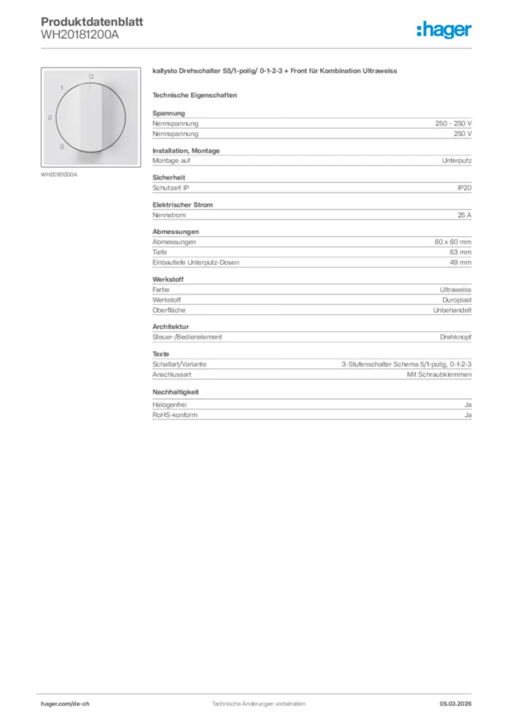 Bild Hager Produktdatenblatt WH20181200A | Hager Schweiz