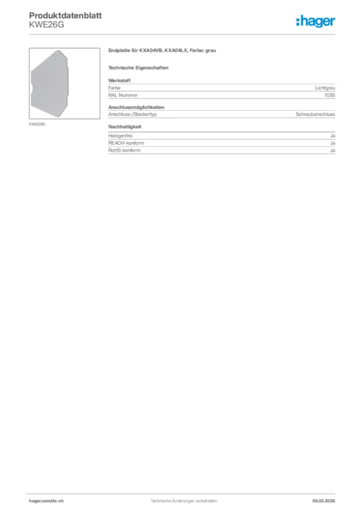 Bild Hager Produktdatenblatt KWE26G | Hager Schweiz