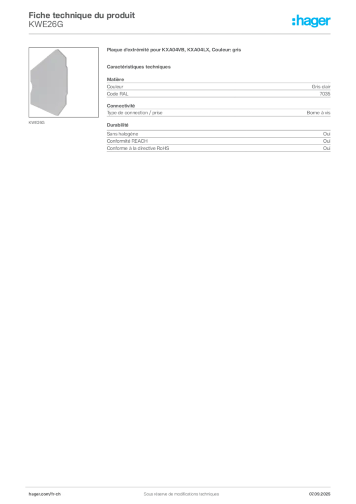 Image Hager Fiche technique du produit KWE26G | Hager Suisse