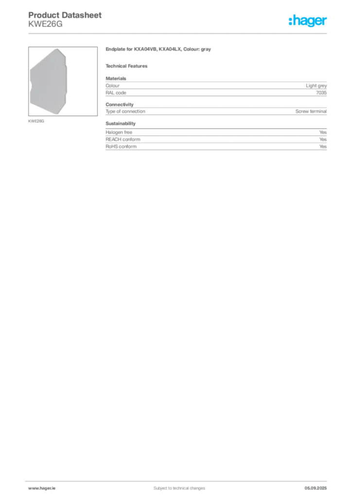 Image Hager Product data sheet KWE26G  | Hager