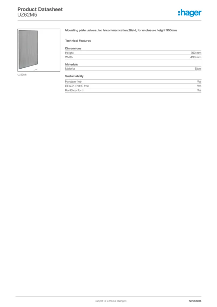 Image Hager Product data sheet UZ62M5  | Hager Africa