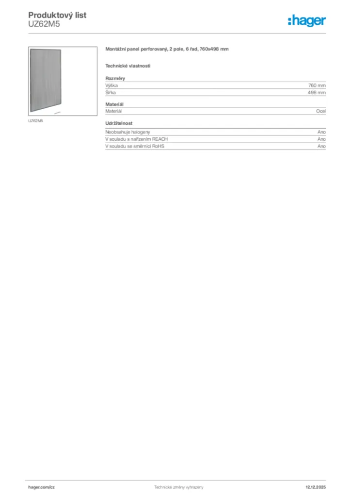 Obrázek Hager Produktový list UZ62M5 | Hager