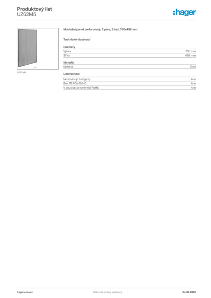 Obrázek Hager Product data sheet UZ62M5 | Hager