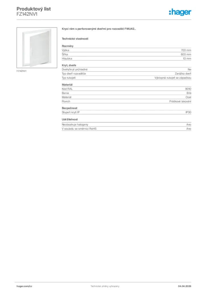 Obrázek Hager Product data sheet FZ142NV1 | Hager