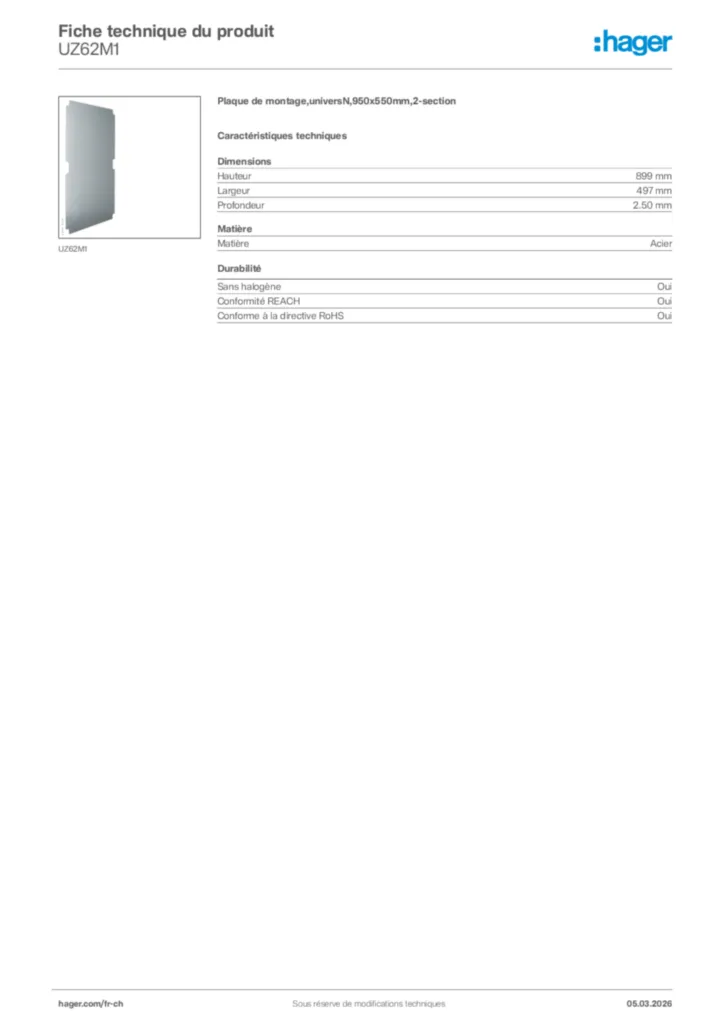 Image Hager Fiche technique du produit UZ62M1 | Hager Suisse