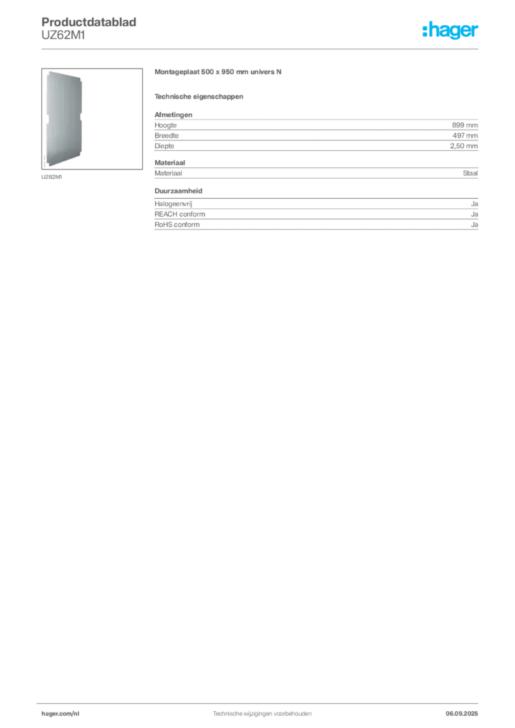 Afbeelding Hager Productdatablad UZ62M1 | Hager Nederland