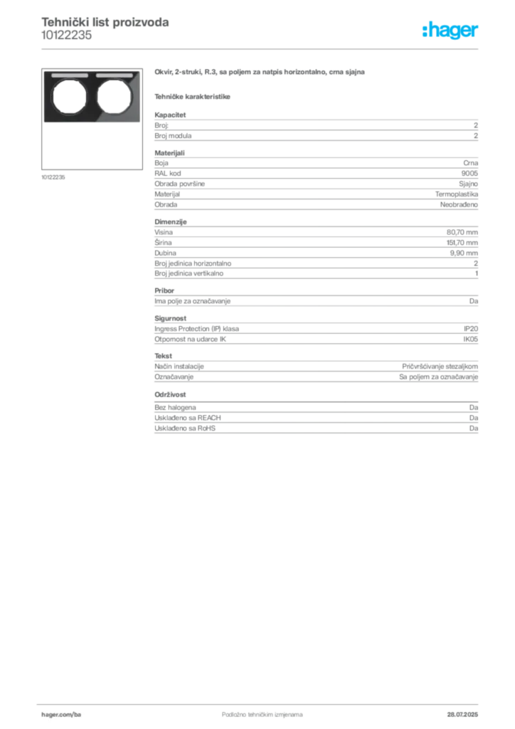 Slika Hager Product data sheet 10122235  | Hager