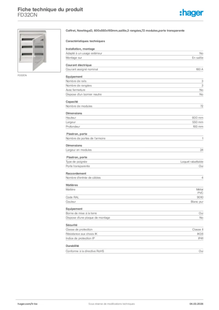 Image Hager Fiche technique du produit FD32CN | Hager Belgique