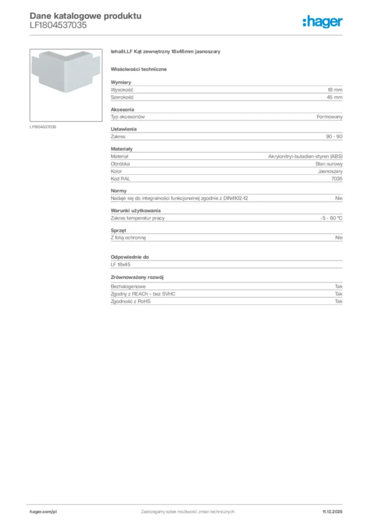 Zdjęcie Hager Dane katalogowe produktu LF1804537035 | Hager Polska