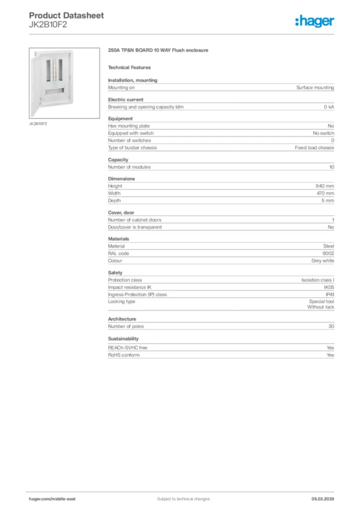 Image Hager Product data sheet JK2B10F2  | Hager