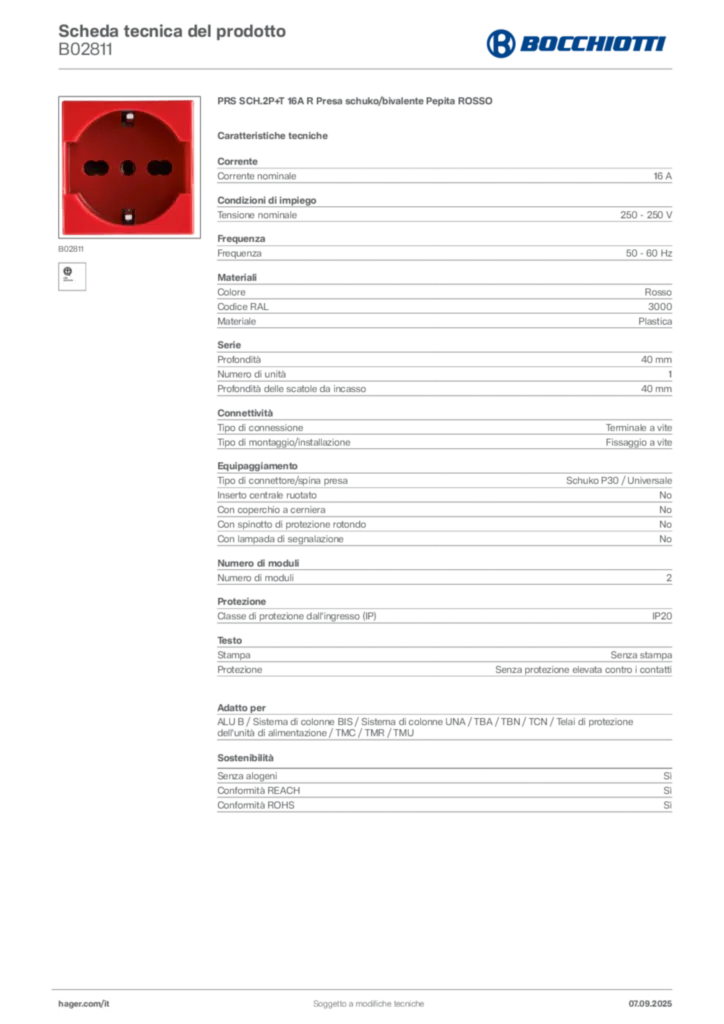 Immagine Bocchiotti Scheda tecnica del prodotto B02811 | Hager Italia