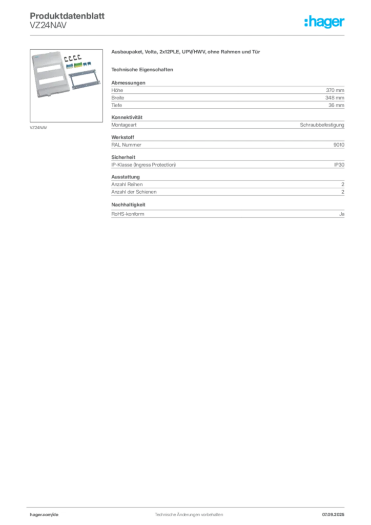 Bild Hager Produktdatenblatt VZ24NAV | Hager Deutschland