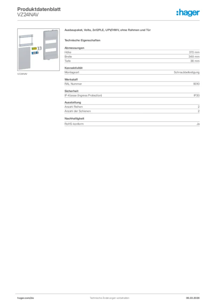 Bild Hager Produktdatenblatt VZ24NAV | Hager Deutschland
