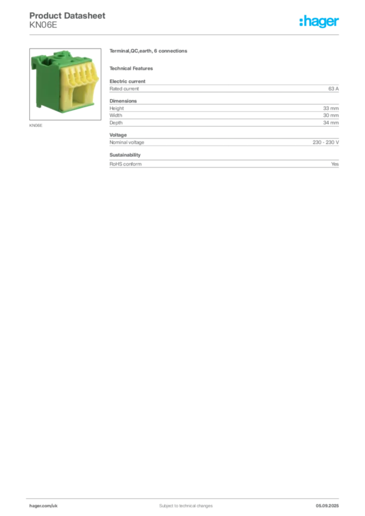 Image Hager Product data sheet KN06E  | Hager