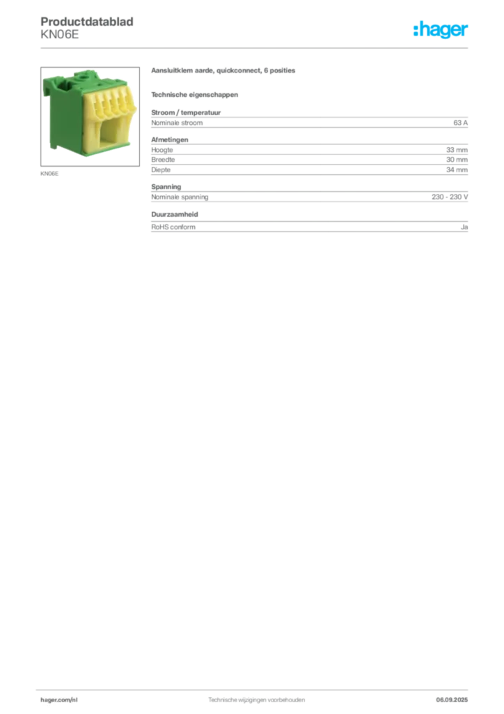 Afbeelding Hager Productdatablad KN06E | Hager Nederland