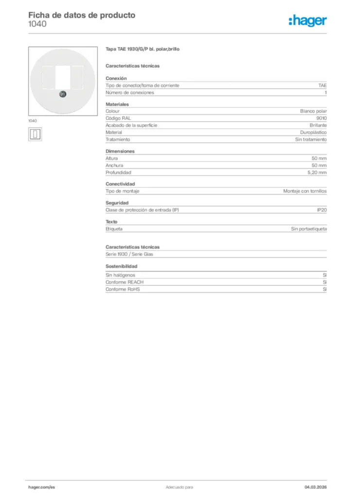 Imagen Hager Ficha de datos de producto 1040 | Hager España