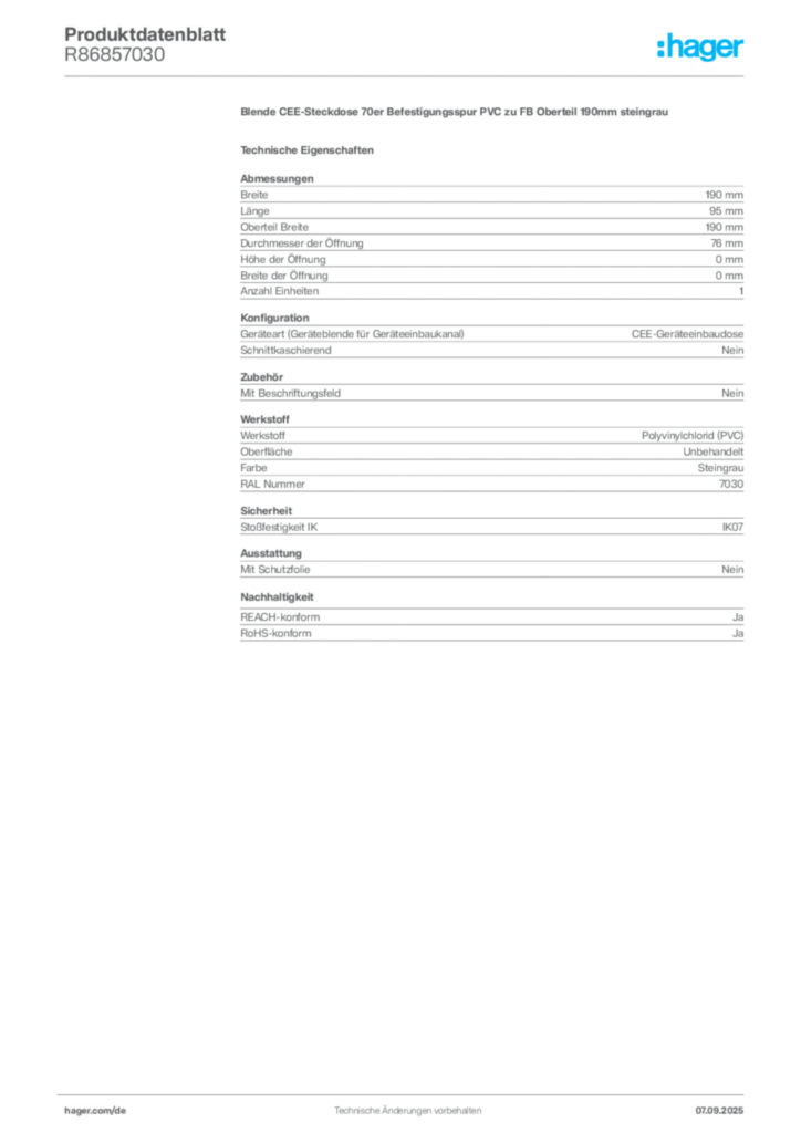 Bild Hager Produktdatenblatt R86857030 | Hager Deutschland