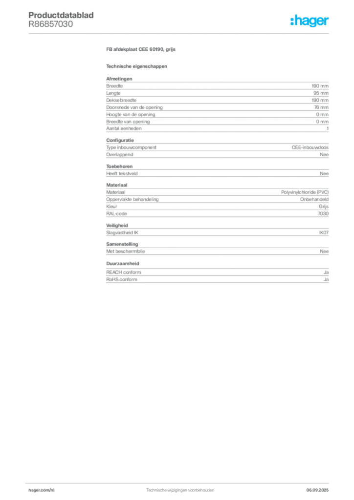Afbeelding Hager Productdatablad R86857030 | Hager Nederland