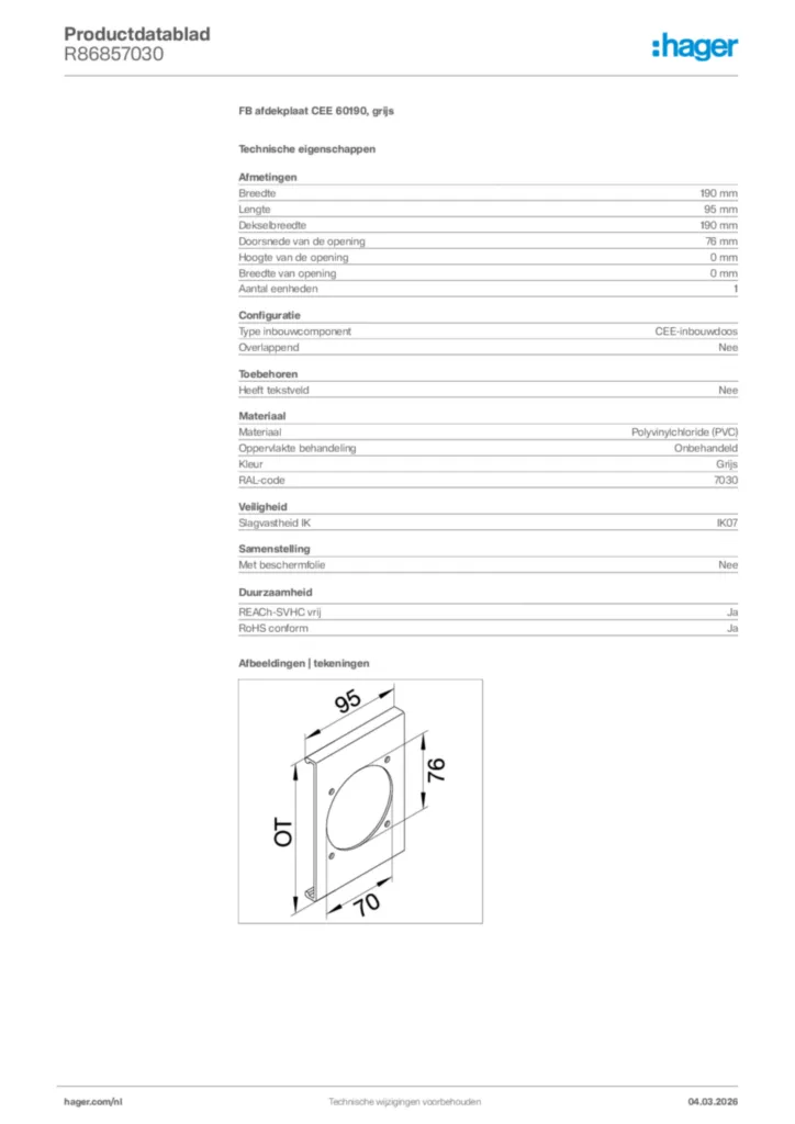 Afbeelding Hager Productdatablad R86857030 | Hager Nederland