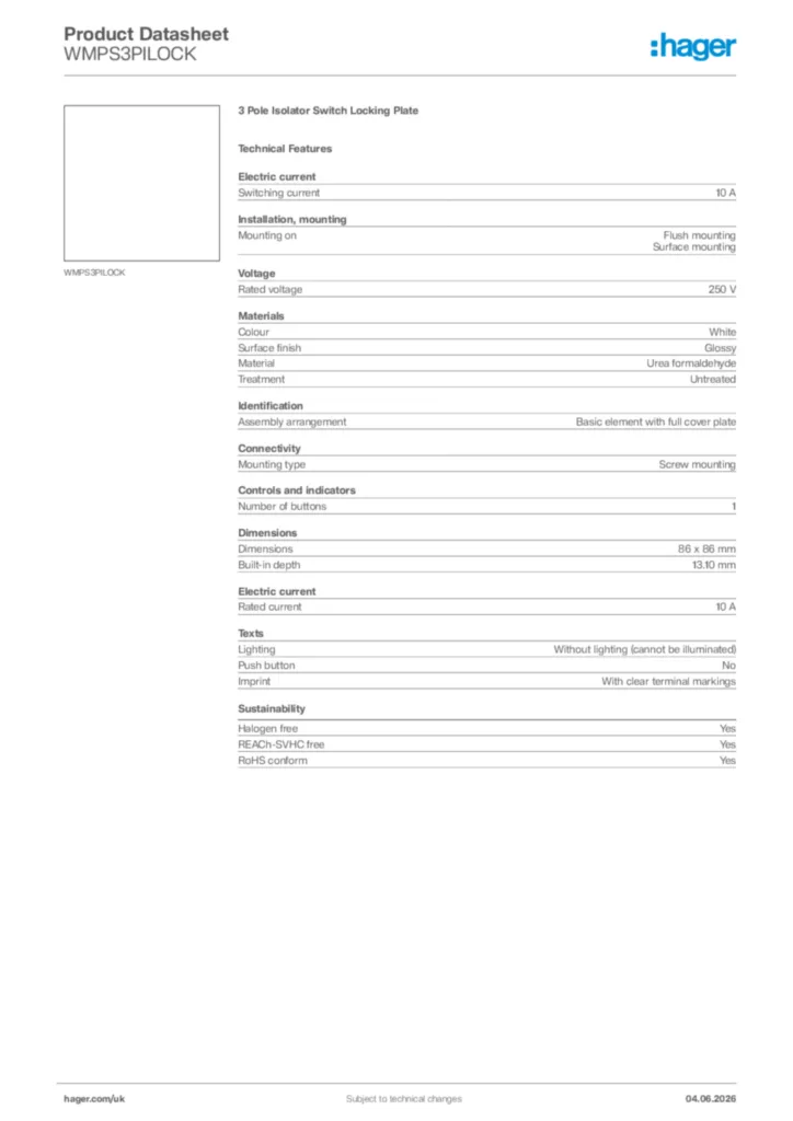 Image Hager Product data sheet WMPS3PILOCK  | Hager