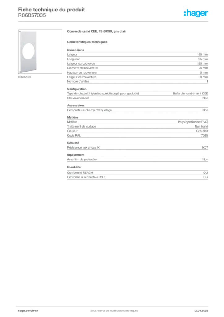 Image Hager Fiche technique du produit R86857035 | Hager Suisse
