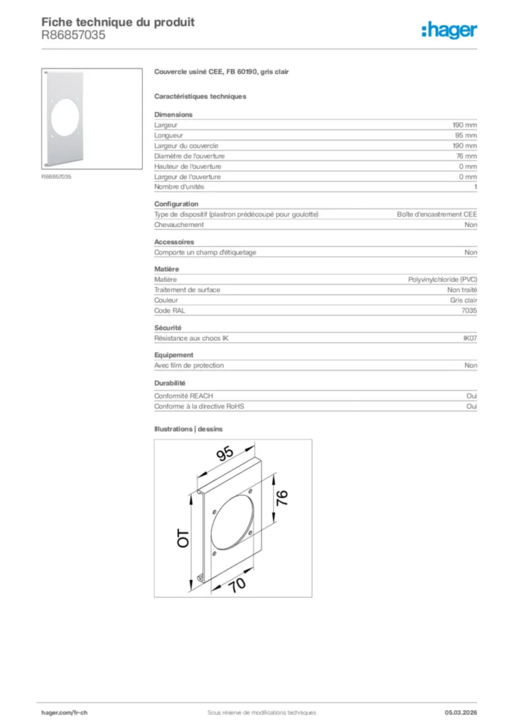 Image Hager Fiche technique du produit R86857035 | Hager Suisse
