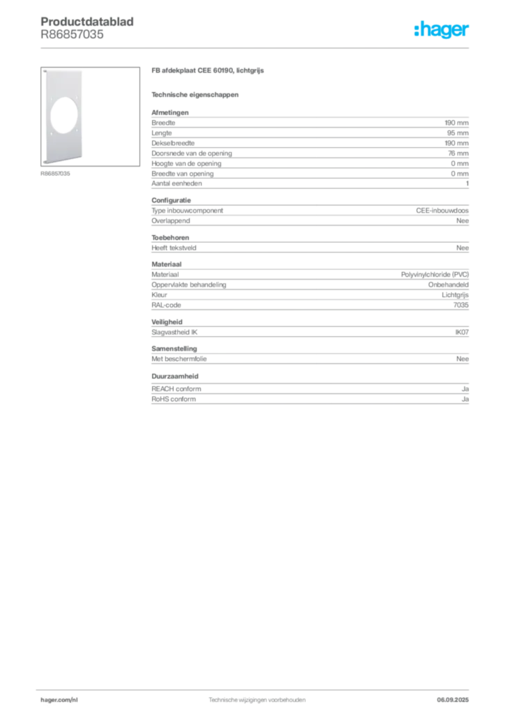 Afbeelding Hager Productdatablad R86857035 | Hager Nederland