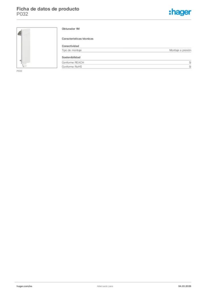 Imagen Hager Ficha de datos de producto P032 | Hager España