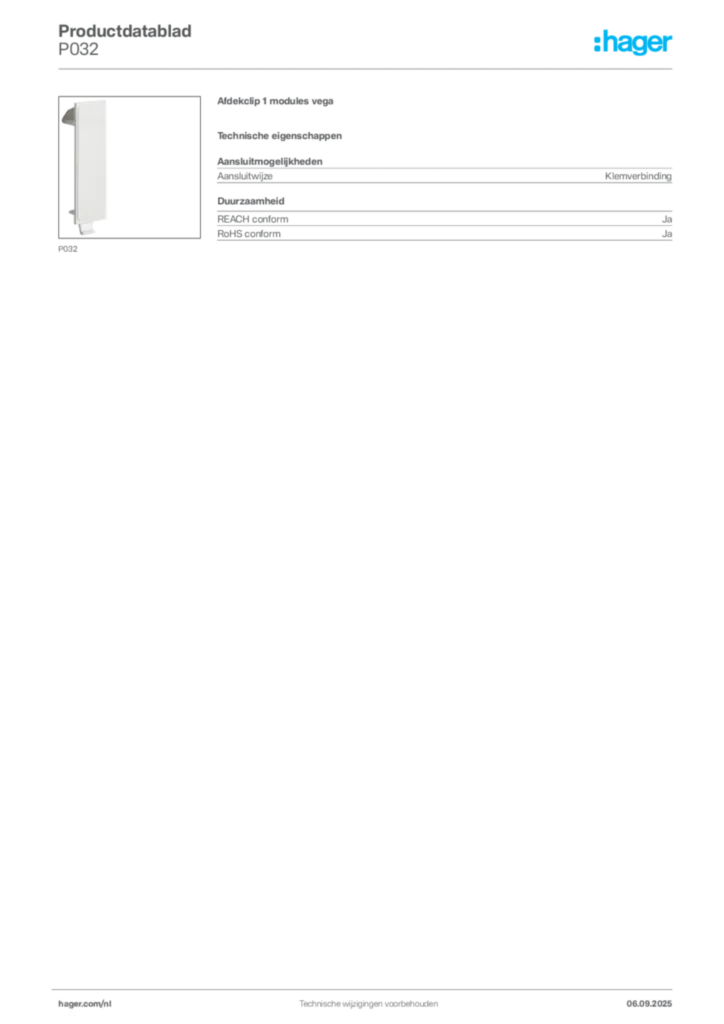 Afbeelding Hager Productdatablad P032 | Hager Nederland