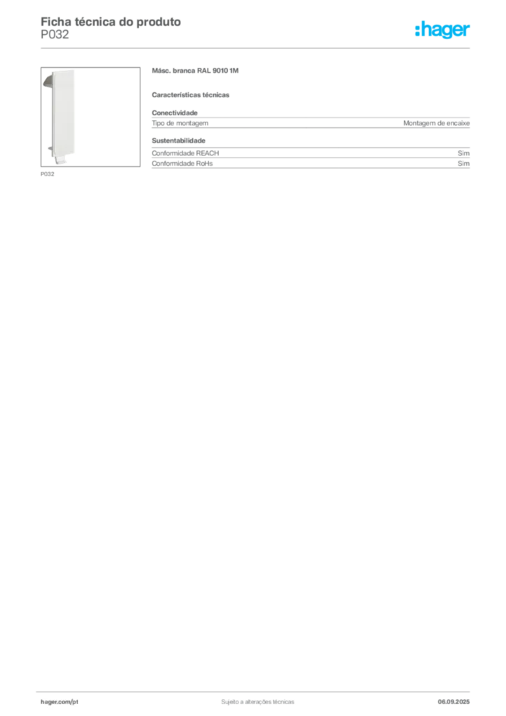 Imagem Hager Ficha técnica do produto P032 | Hager Portugal