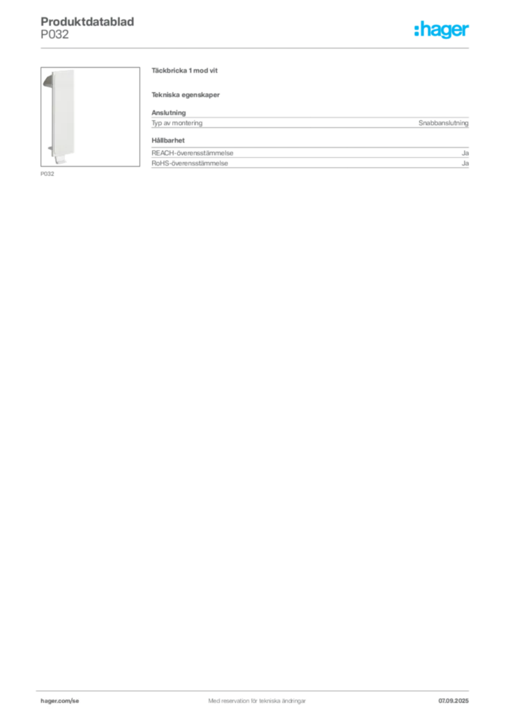 Bild Hager Produktdatablad P032 | Hager Sverige