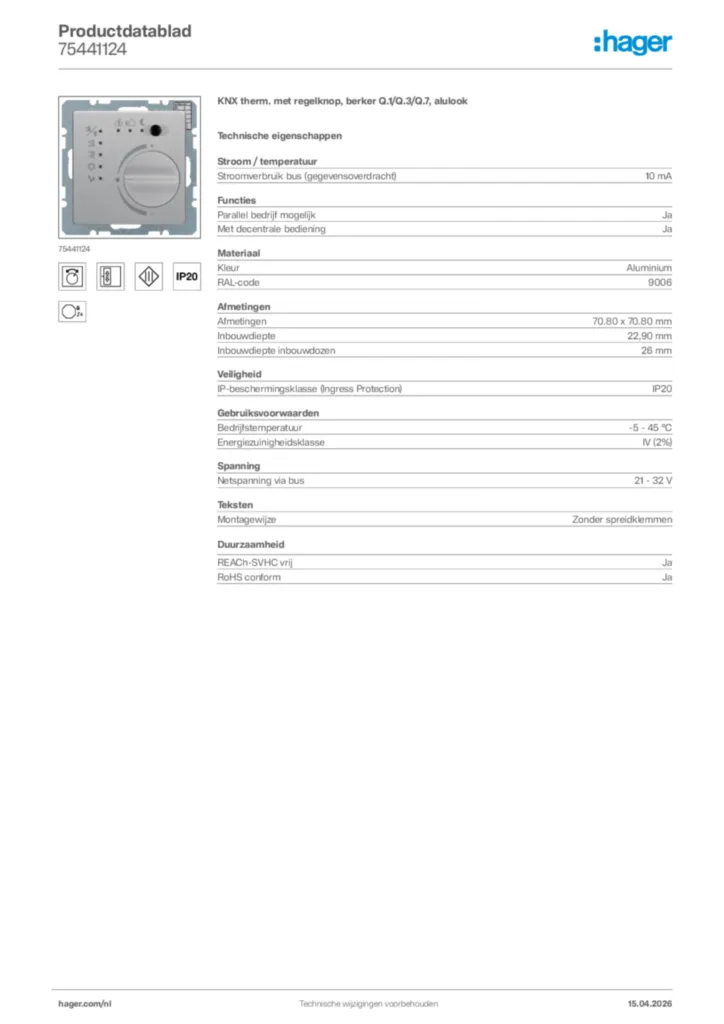 Afbeelding Hager Productdatablad 75441124 | Hager Nederland