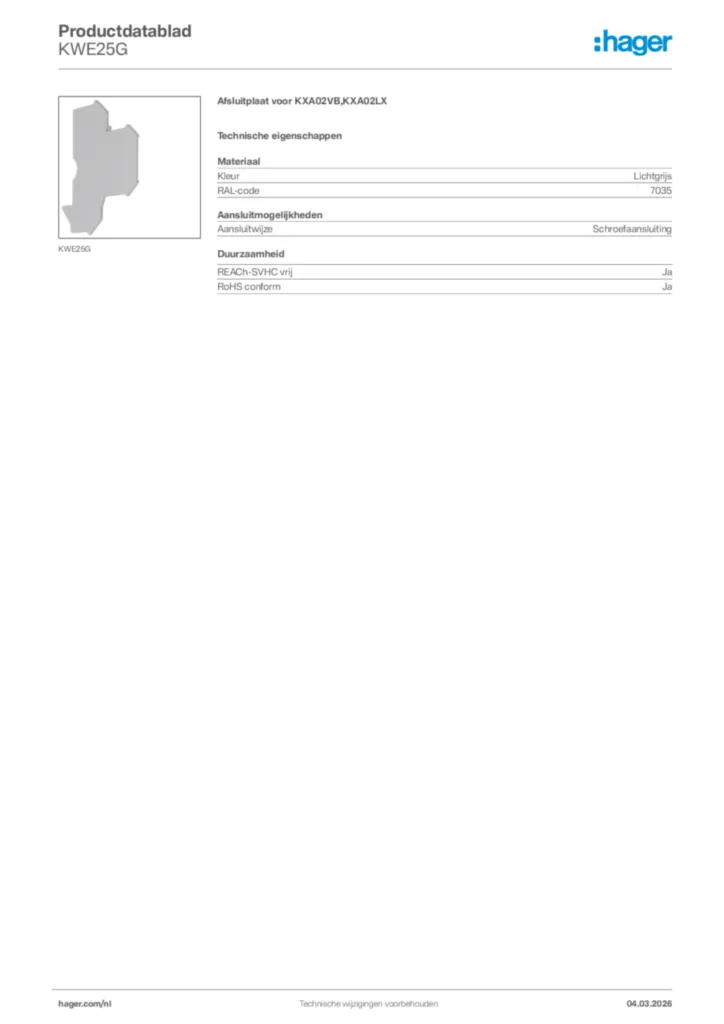 Afbeelding Hager Productdatablad KWE25G | Hager Nederland