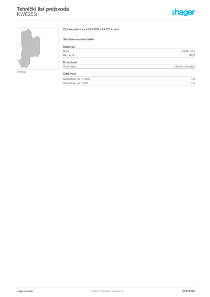 Slika Hager Product data sheet KWE25G  | Hager