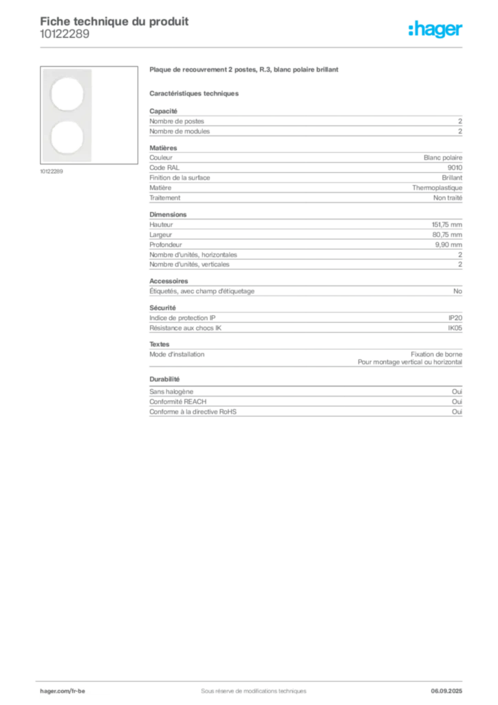 Image Hager Fiche technique du produit 10122289 | Hager Belgique