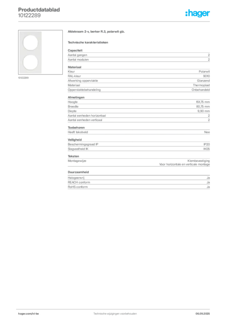 Afbeelding Hager Productdatablad 10122289 | Hager Belgium
