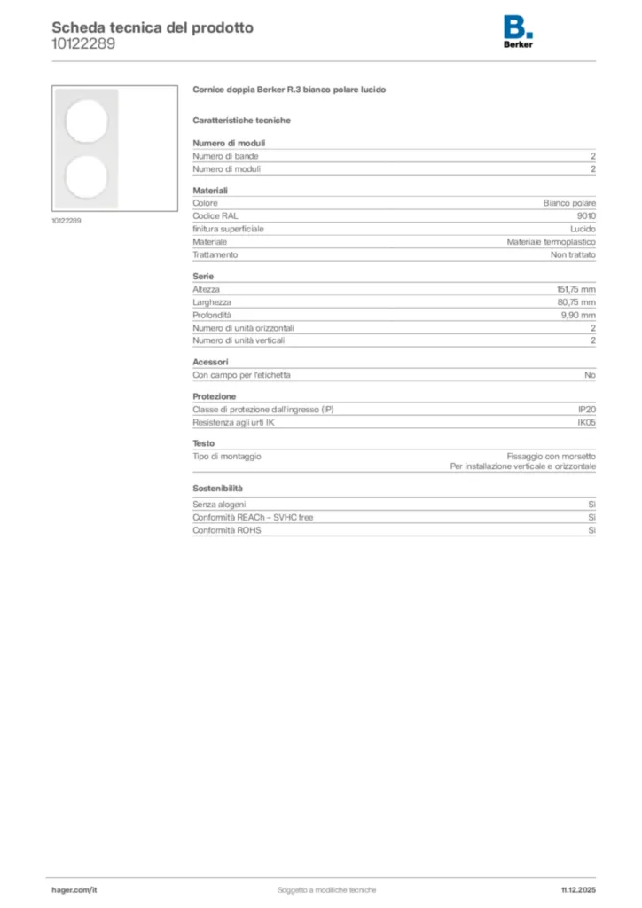 Immagine Berker Scheda tecnica del prodotto 10122289 | Hager Italia