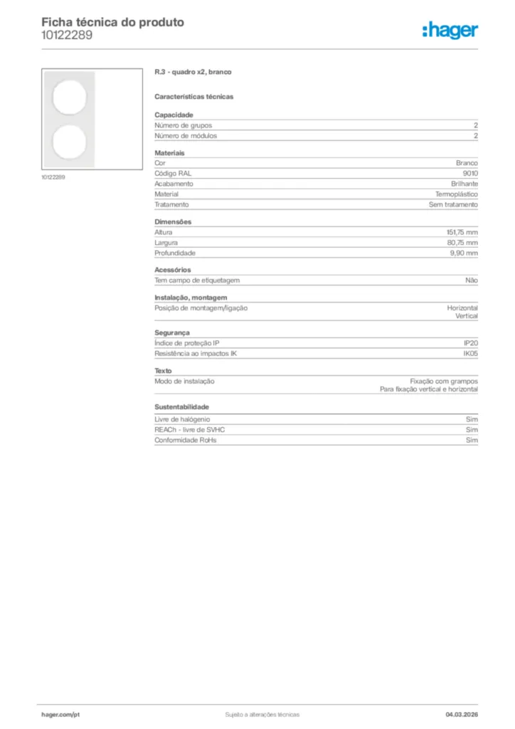 Imagem Hager Ficha técnica do produto 10122289 | Hager Portugal