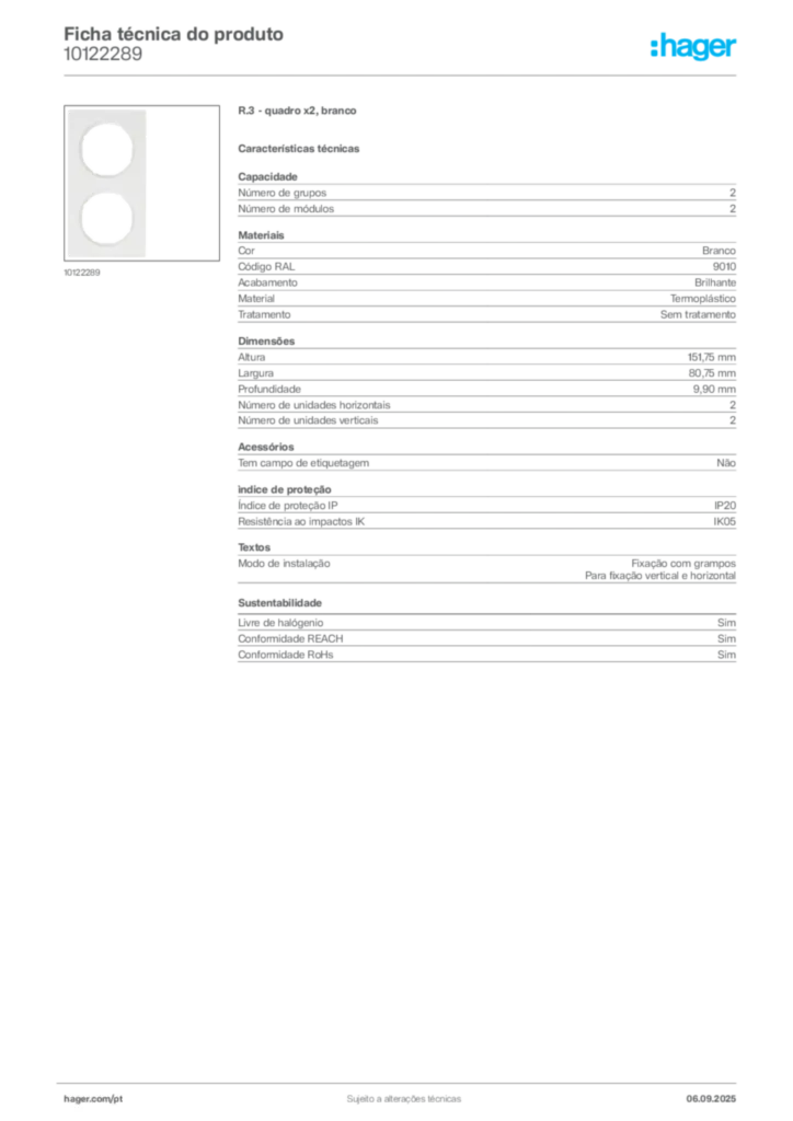 Imagem Hager Ficha técnica do produto 10122289 | Hager Portugal
