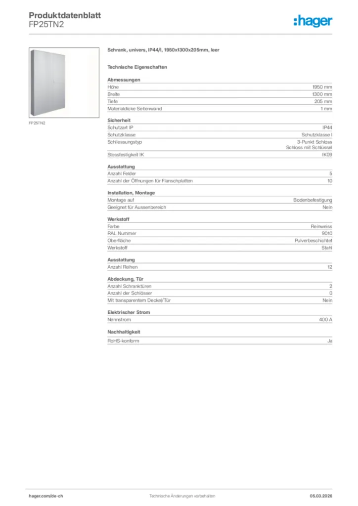 Bild Hager Produktdatenblatt FP25TN2 | Hager Schweiz